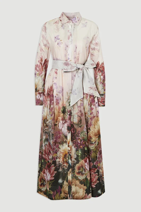 Floral Print Silk Cotton Long Sleeve Woven Maxi Dress | Karen Millen US