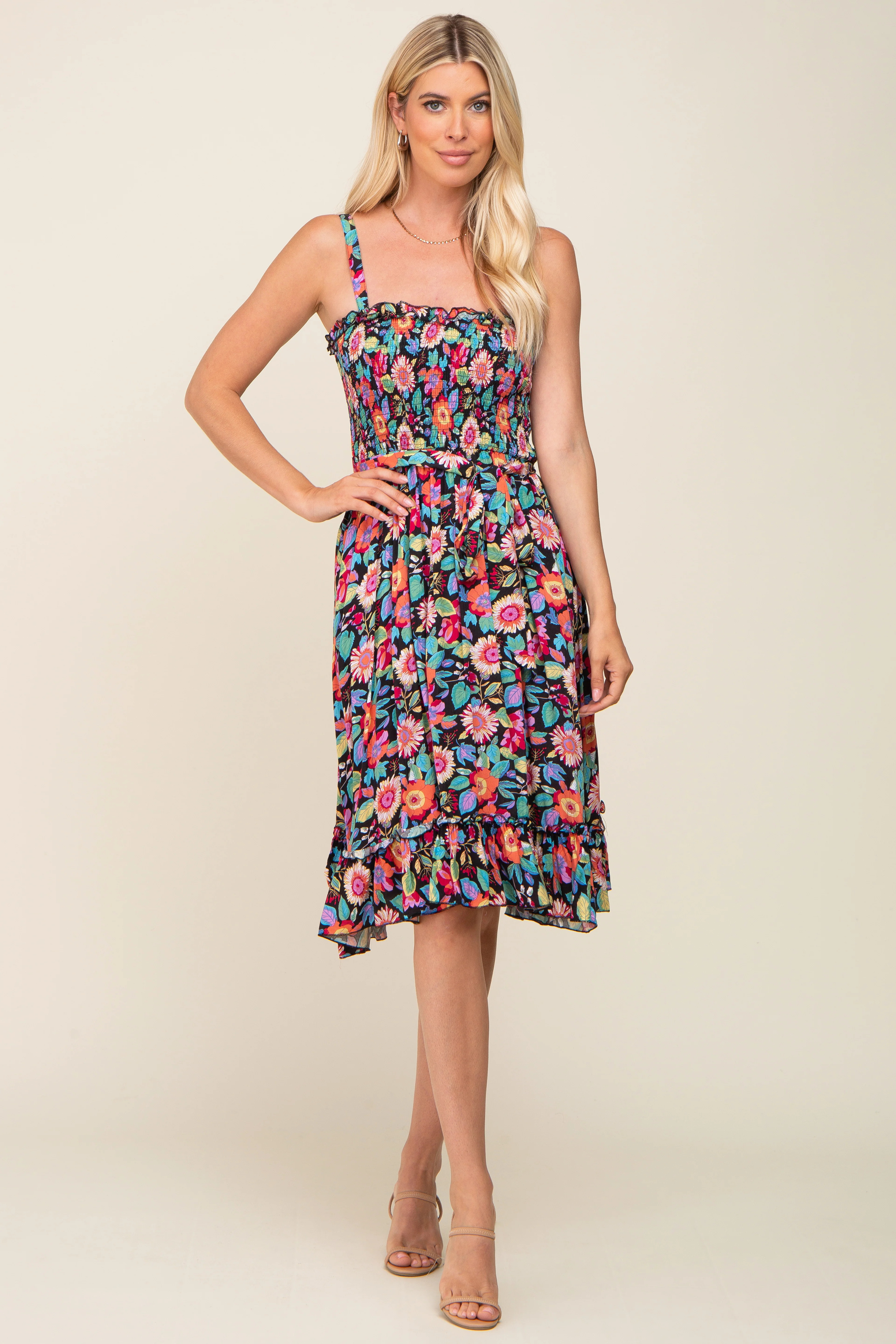 Black Floral Sleeveless Ruffled Dress | PinkBlush Maternity