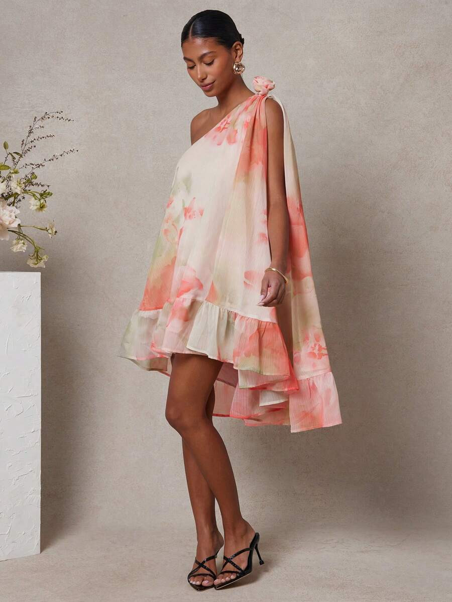 L'Amorae Women's Floral Print Pastel Color One Shoulder Sleeveless Ruffled Hem Flowy Fashion Mini... | SHEIN