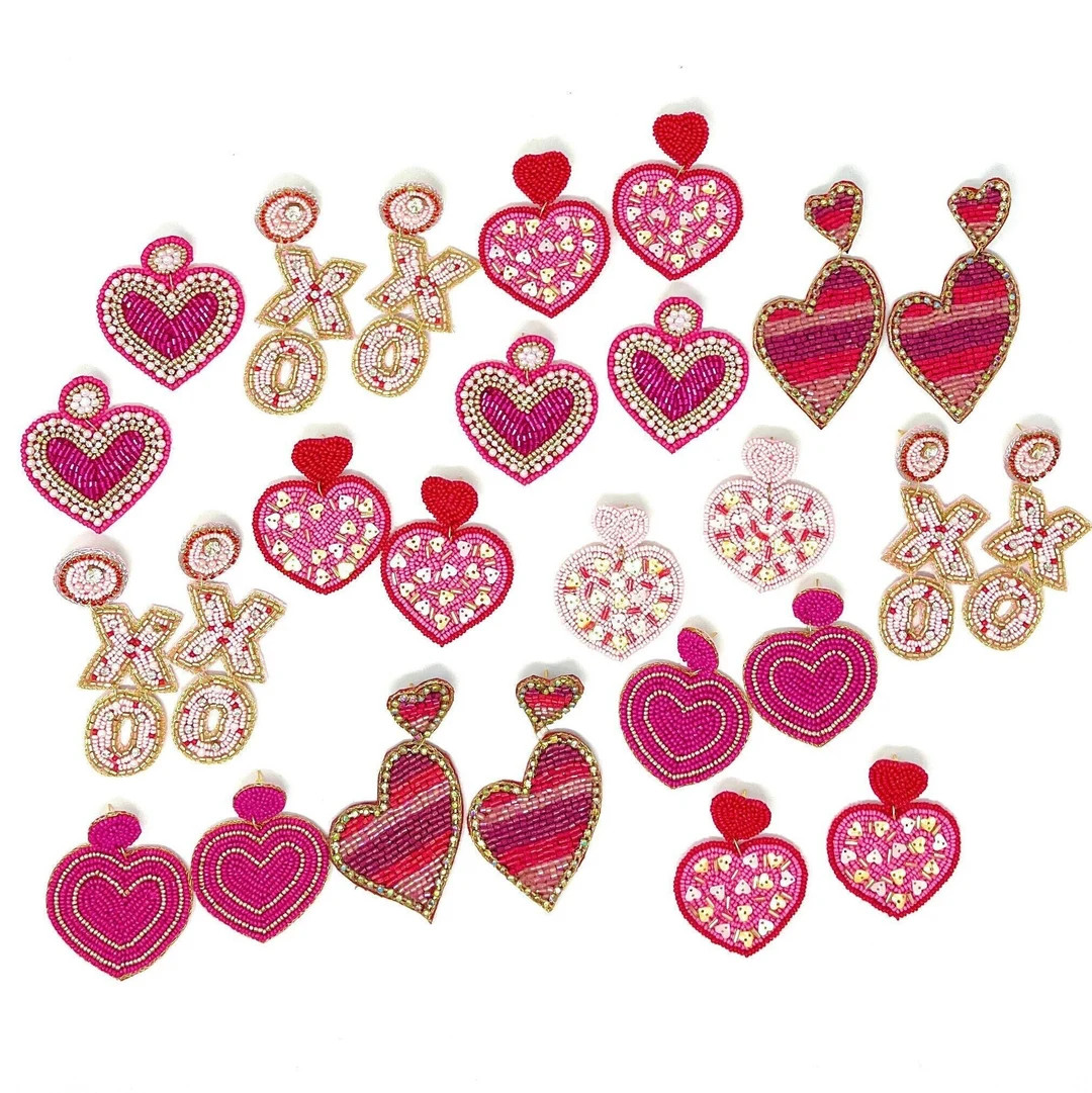 Valentines Beaded Earrings, Red Heart Earrings, Hearts Earrings, XOXO Earrings, Valentines Day Gi... | Etsy (US)