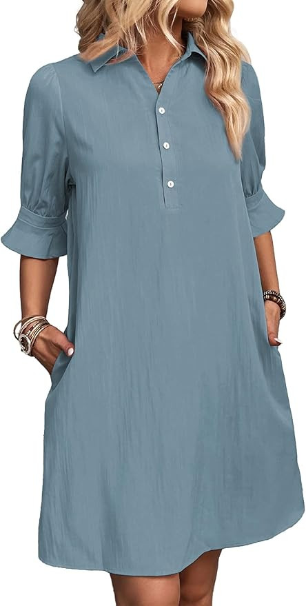 FENSACE Womens Casual Shirt Dress Ruffle Sleeve Button Down Shift Summer Dresses with Pockets | Amazon (US)