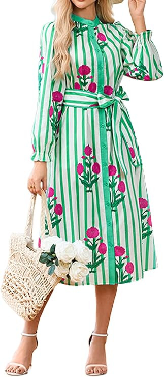 Women Floral Midi Dress Long Sleeve Button Down Shirt Dress with Belt | Amazon (US)