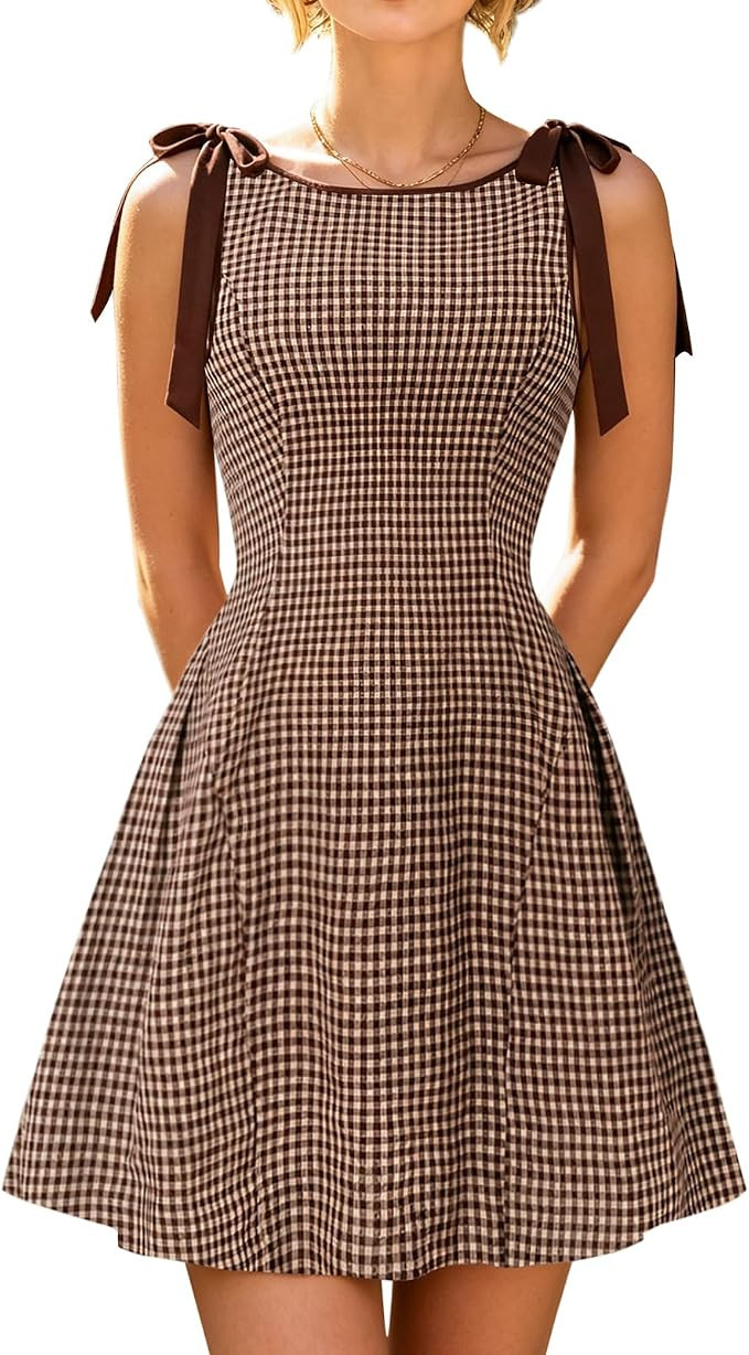 RIHOAS Women's Plaid Gingham Dress Summer Mini Dresses for Women 2026 Brown | Cute,Boat Neck,Bow(... | Amazon (US)