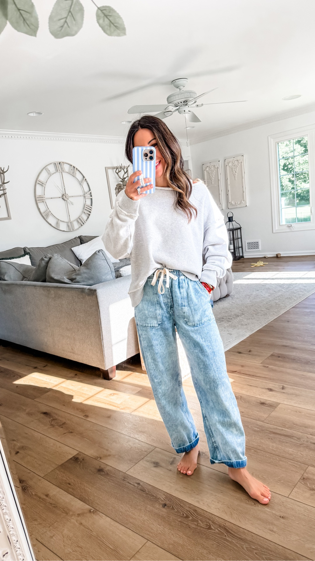 Off the shoulder sweatshirt Xs. Drawstring jeans XS petite. Jewelry code HOUSEOFLEO20

#LTKOver40 #LTKPetite #LTKSaleAlert