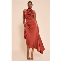 Rust Satin Cowl Neck Asymmetric Shift Dress | PrettyLittleThing US