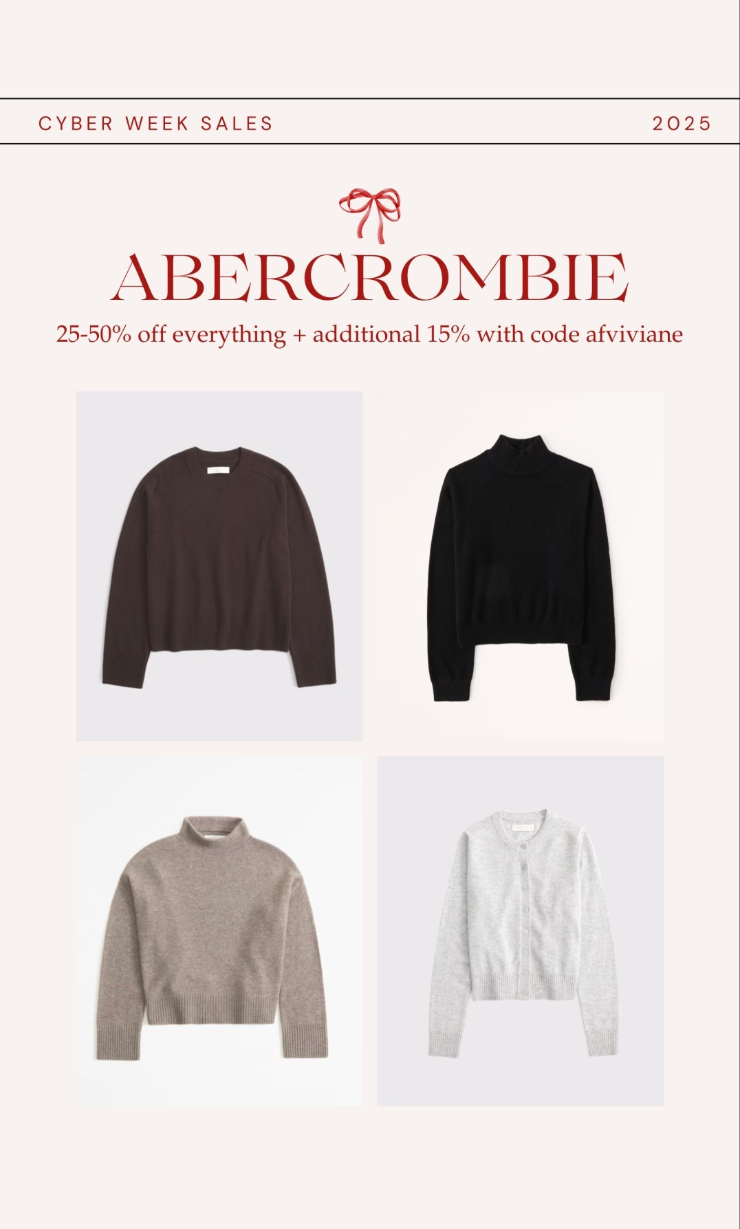 [11/24/25] 100% cashmere options on sale, I recommend sizing up one size! Use code AFVIVIANE for stackable 15% off! 

*Offer valid in stores and online from 11/24/2025-12/1/2025 in US/CA. Excludes clearance and gift cards. Online price reflects discount. Use code AFVIVIANE to get an additional 15% off everything in stores and online at checkout from 11/24/2025-12/1/2025 in US/CA. Excludes clearance and gift cards. See details online.

#LTKCyberWeek #LTKFindsUnder100 #LTKSaleAlert