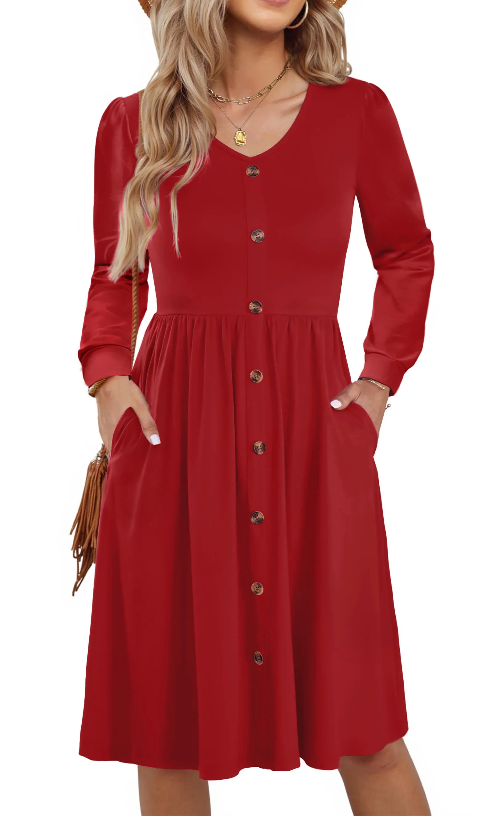 Fantaslook Long Sleeve Dresses for Women V Neck Casual Fall Dress Button Floral Midi Dresses with... | Walmart (US)