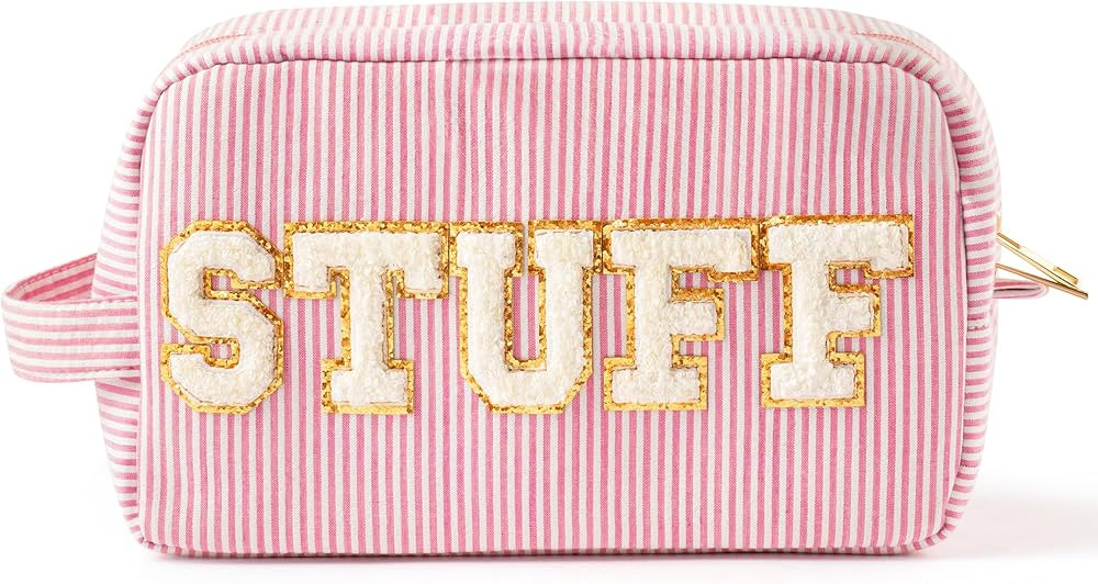 Y1tvei Birthday Gifts for Women Friends - Large Cute Pink STUFF Makeup Bag Make Up Stripe Cosmeti... | Amazon (US)