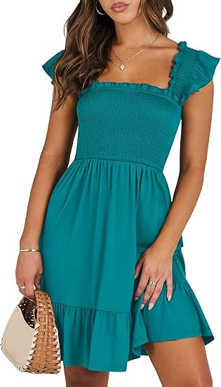 ANRABESS Women's Summer Casual Sleeveless Square Neck Dress 2026 Smocked Ruffle Backless Boho Bea... | Amazon (US)