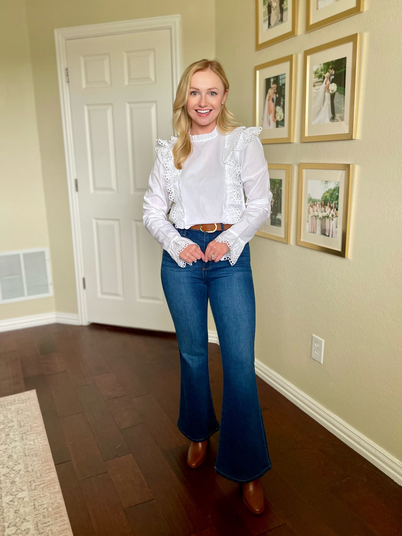 White ruffle eyelet blouse, wearing an XS! | spring outfit, spring top, spring blouse, white blouse, eyelet blouse, flare jeans 

#LTKstyletip #LTKSeasonal #LTKfindsunder50