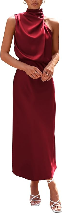 PRETTYGARDEN Women's 2025 Summer Satin Dress Elegant Sleeveless Mock Neck Cocktail Party Maxi Dre... | Amazon (US)