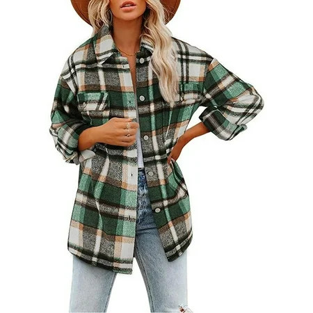 Womens Casual Plaid Shackets Brushed Flannel Button Down Pocketed Shirt Jacket Coats（green） | Walmart (US)