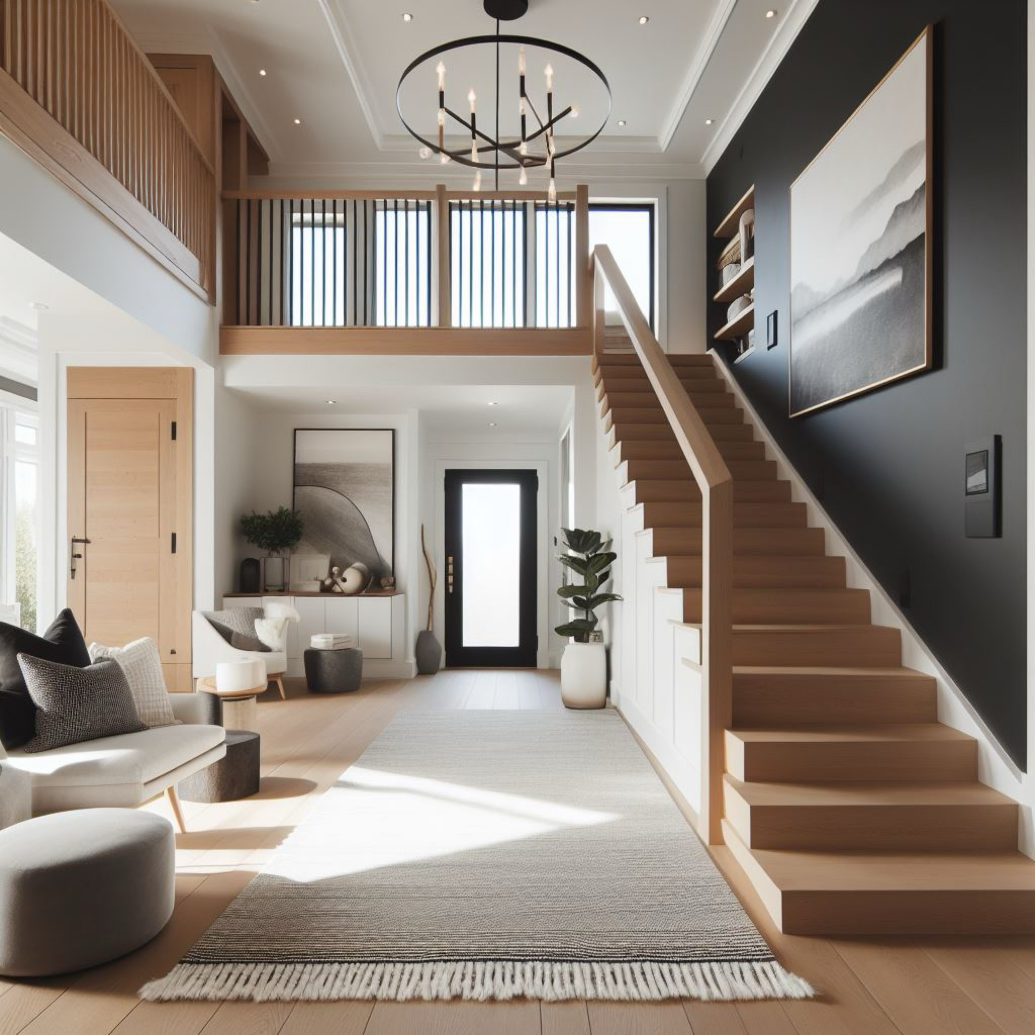 |Breathtaking entryway| modern transitional, neutral decor, neutral interiors, entryway decor, chandelier, accent wall, area rug, white oak, AI design, Wayfair, Wayfair finds #LTKxWayDay

#LTKhome #LTKsalealert