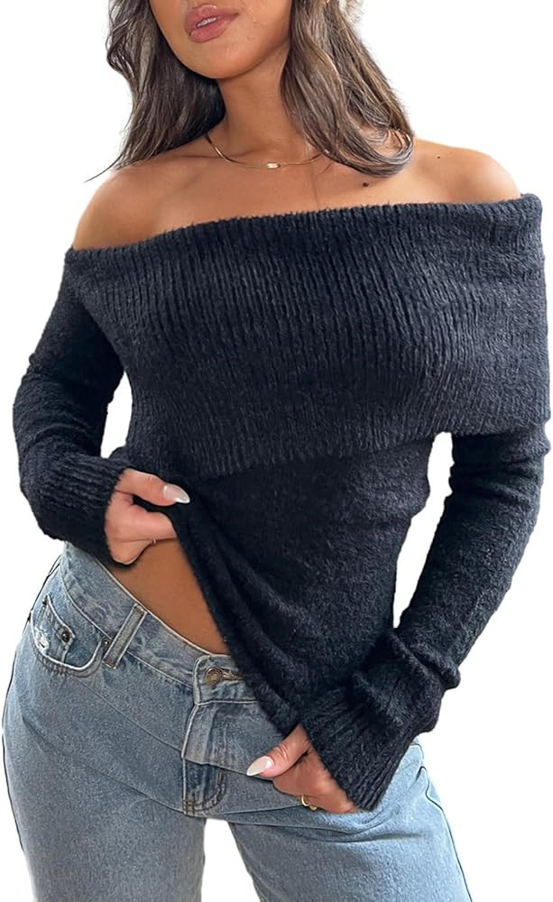 Off The Shoulder Sweater for Women Sexy Long Sleeve Knit Pullover Jumper Slim Fit Crop Tube Top O... | Amazon (US)
