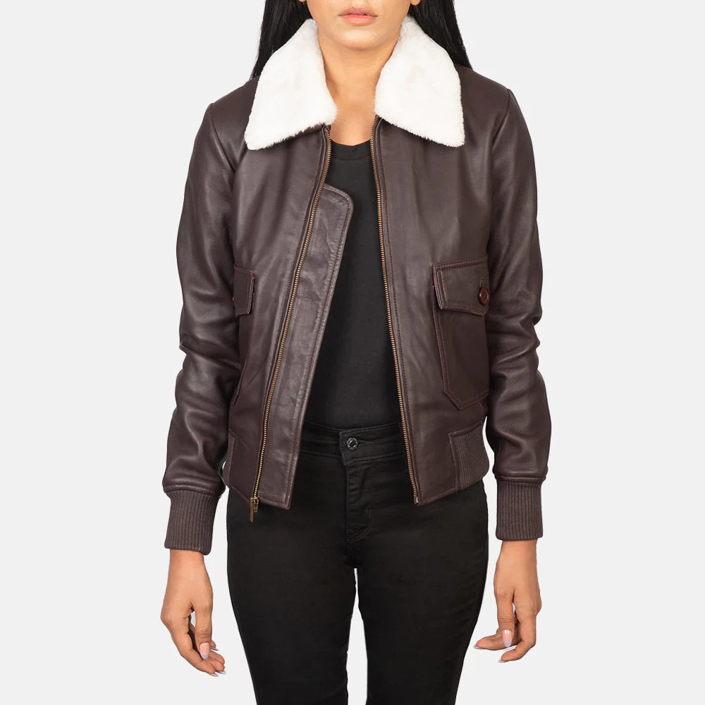 Women's Stella G-1 Maroon Leather Bomber Jacket | The Jacket Maker