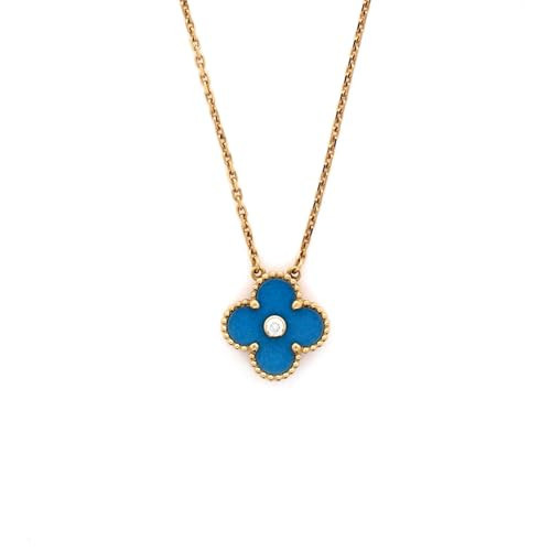 Van Cleef & Arpels, Pre-Loved Vintage Alhambra Pendant Necklace 18K Yellow Gold and Blue Sevres Porcelain with Diamond, Yellow Gold | Amazon (US)