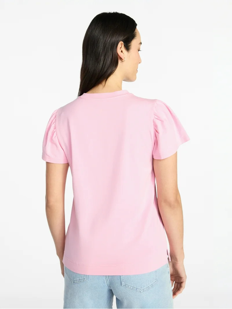 Time and Tru Women's Crewneck Top with Short Flutter Sleeves, Sizes XS-XXXL | Walmart (US)