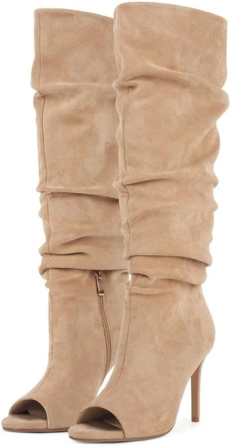 sexytag Peep Toe Slouch Knee High Boots High Stiletto Heel Faux Suede Dress Boots for Fall Winter... | Amazon (US)