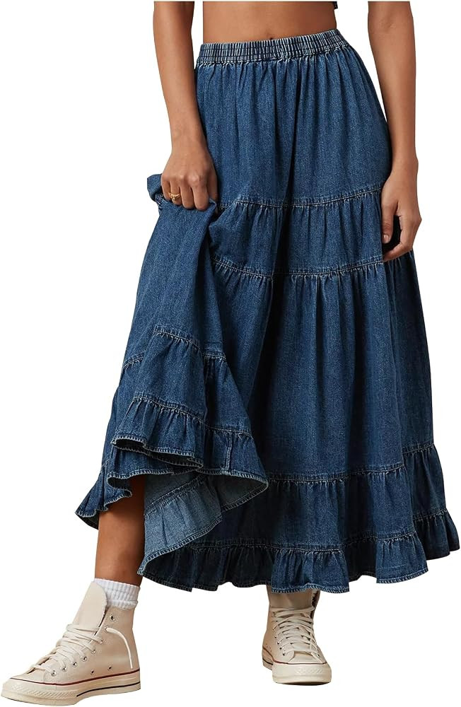 YEXPINE Women's Swing Chambray Maxi Skirt Elastic Waist Pleated Tiered Flowy Long Skirts Retro De... | Amazon (US)