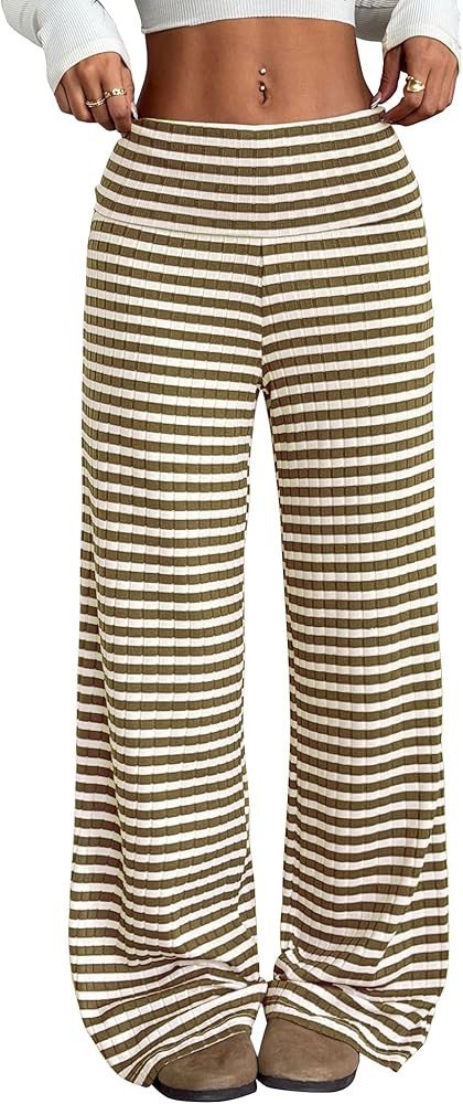 ZAFUL Women's Striped Pants Casual Fold Waist Wide Leg Pants Lightweight Comfy Stretchy Loose Lou... | Amazon (US)
