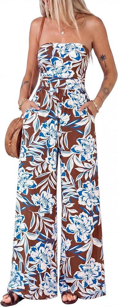 BTFBM Jumpsuits For Women Casual 2026 Floral Strapless Jumpsuit Wide Leg Rompers Beach Vacation C... | Amazon (US)