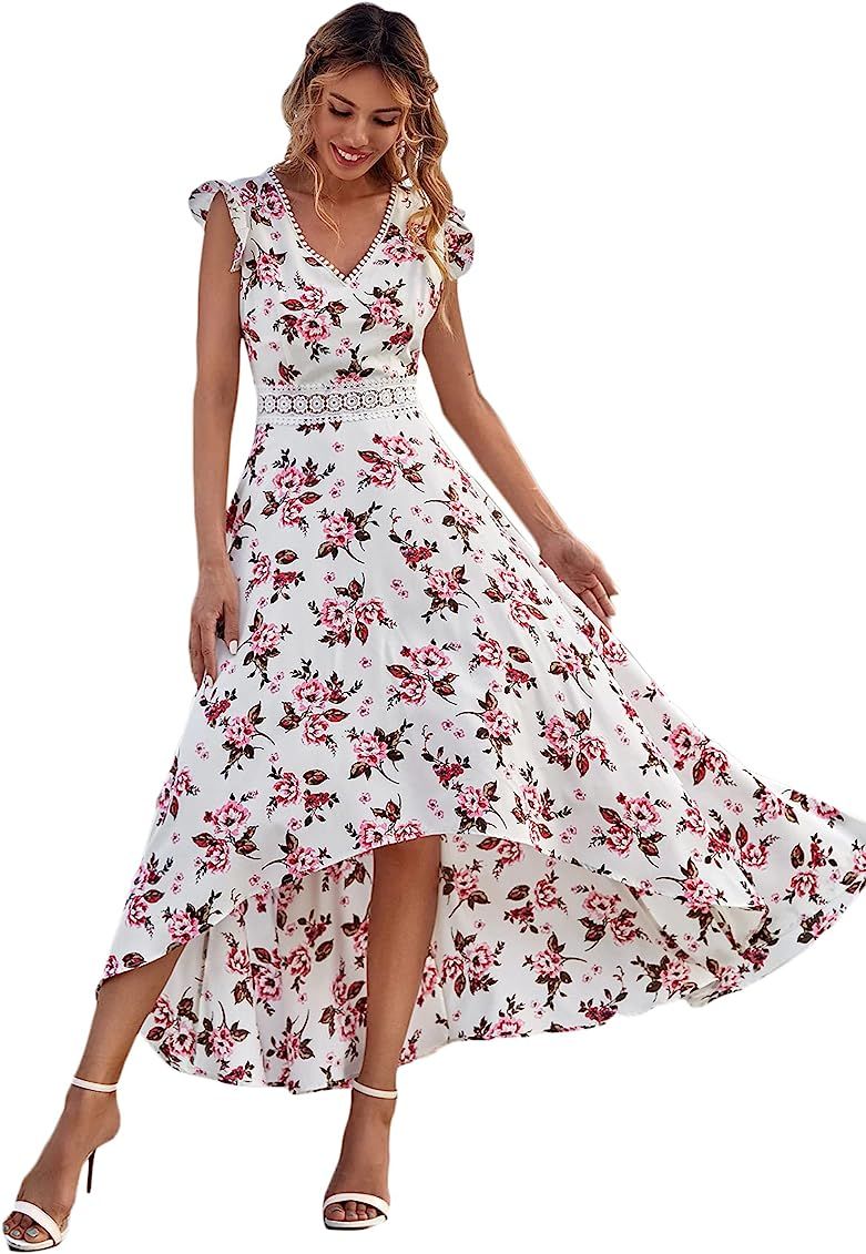 Floerns Women's All Over Print Deep V Neck Ruffle Hem Dress for Summer | Amazon (US)