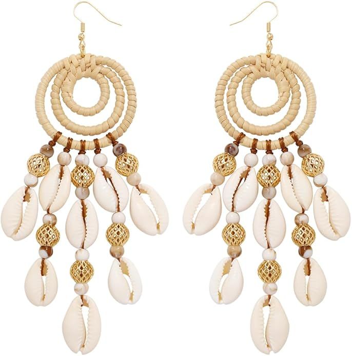BOCAR Statement Boho Rattan Shell Dangle Earrings for Women Handmade Summer Vocation Beach Tropic... | Amazon (US)