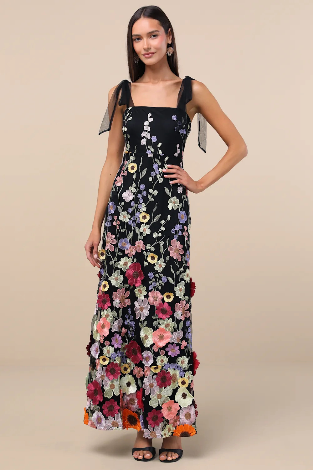 Thriving Poise Black 3D Floral Embroidered Tie-Strap Maxi Dress | Lulus