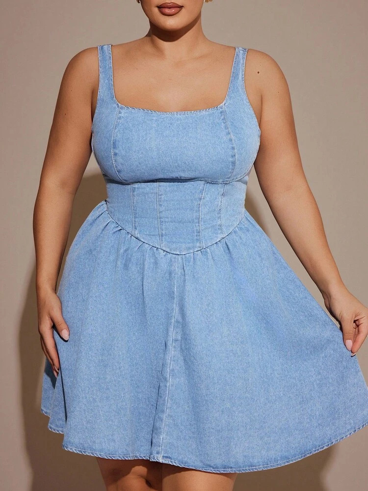 SHEIN BAE Plus Size Summer Casual Ruched Waist Cinched Denim Cami Dress | SHEIN