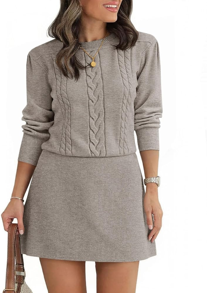 Saodimallsu Womens Puff Long Sleeve Sweater Dress Cable Knit Fall Dresses | Amazon (US)