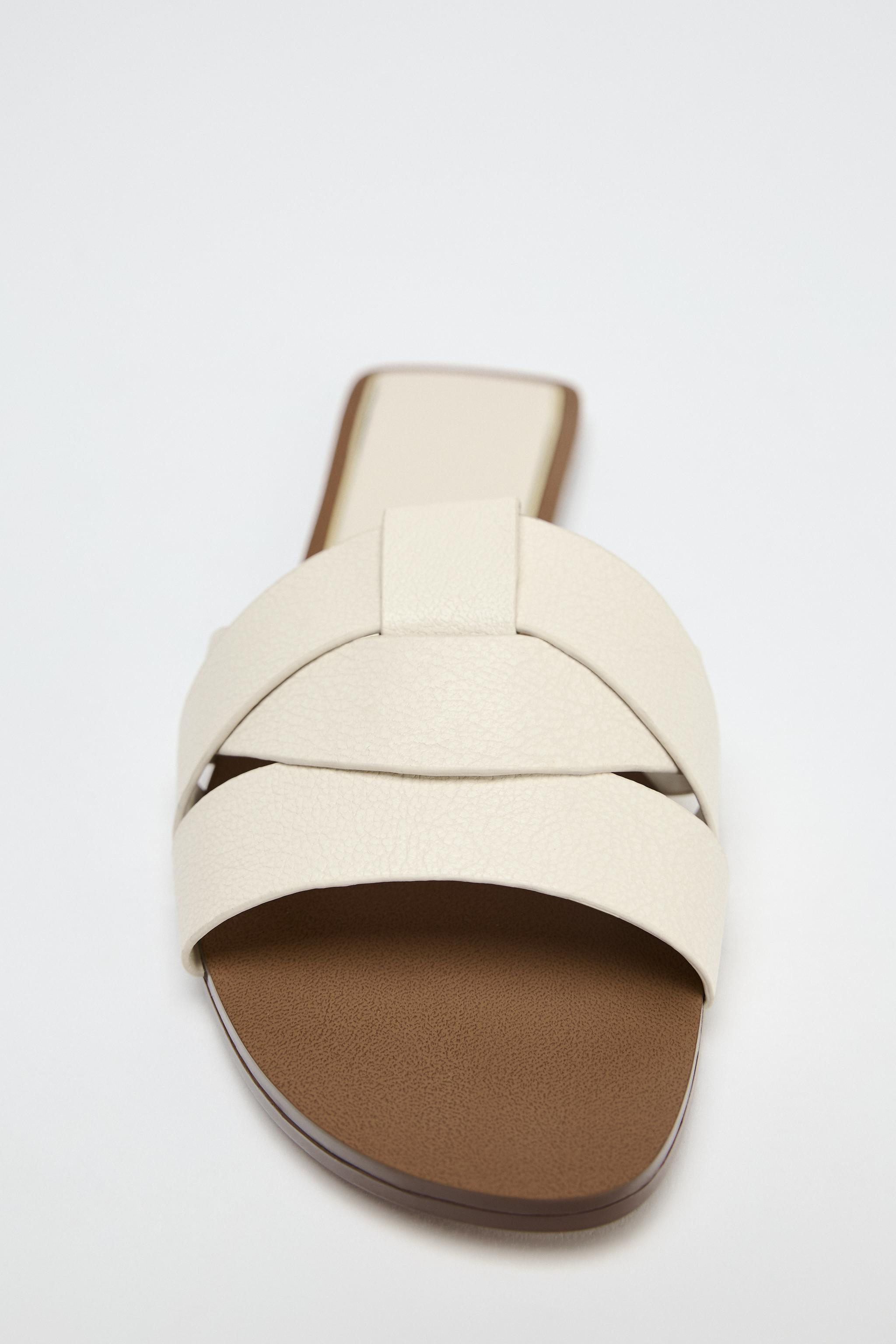CROSS-STRAP FLAT LEATHER SANDALS White Gold Brown | Zara UK