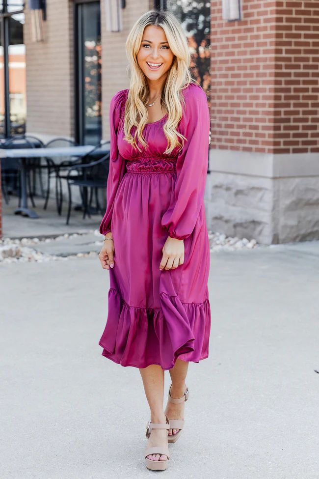 Longing For More Magenta Satin Midi Dress FINAL SALE | Pink Lily