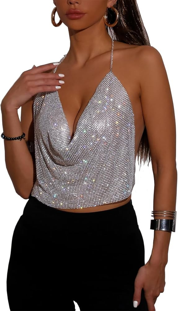PartyArt Women Sexy Rhinestone Tops Sparkly Deep V Backless Crop Top Hanging Neck Metal Chain Sle... | Amazon (US)