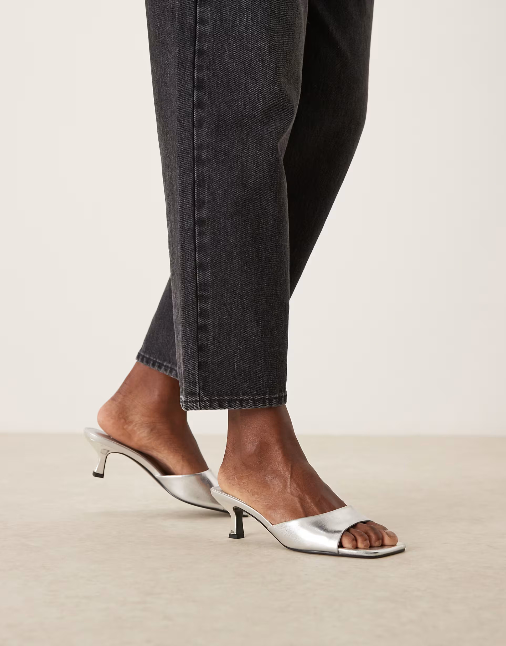 ASOS DESIGN Hyper kitten heeled mules in silver | ASOS (Global)