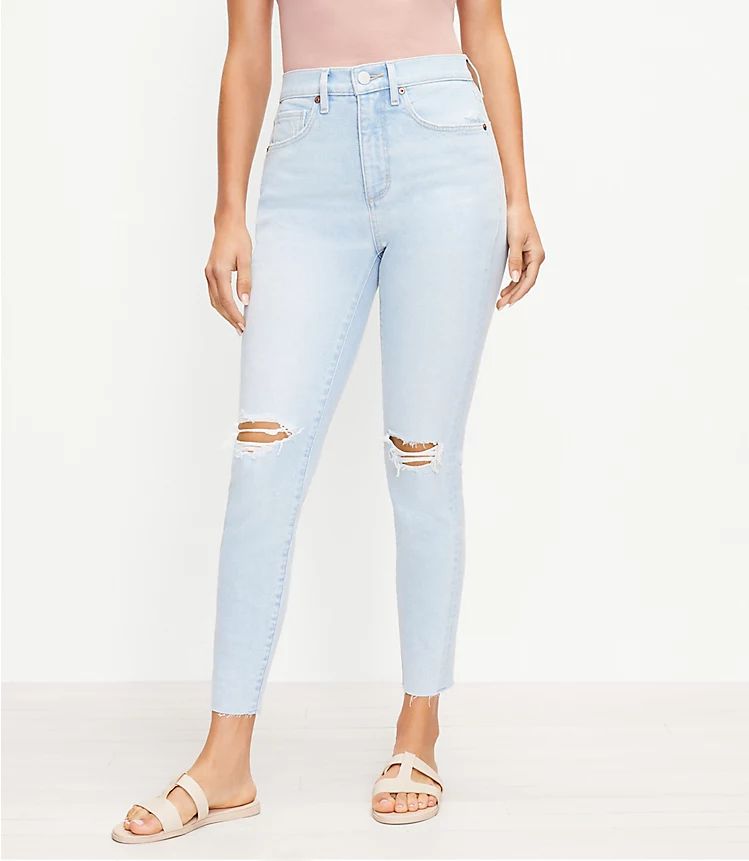 The Curvy Destructed High Waist Skinny Ankle Jean in Bleach Out Wash | LOFT | LOFT