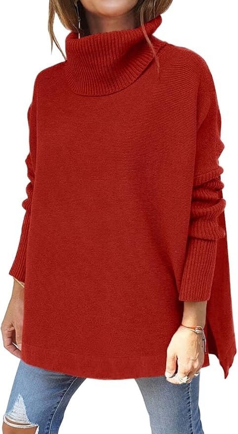 EFAN Women's Turtleneck Fall Sweaters Oversized Long Batwing Sleeve Spilt Hem Casual Asymmetric P... | Amazon (US)