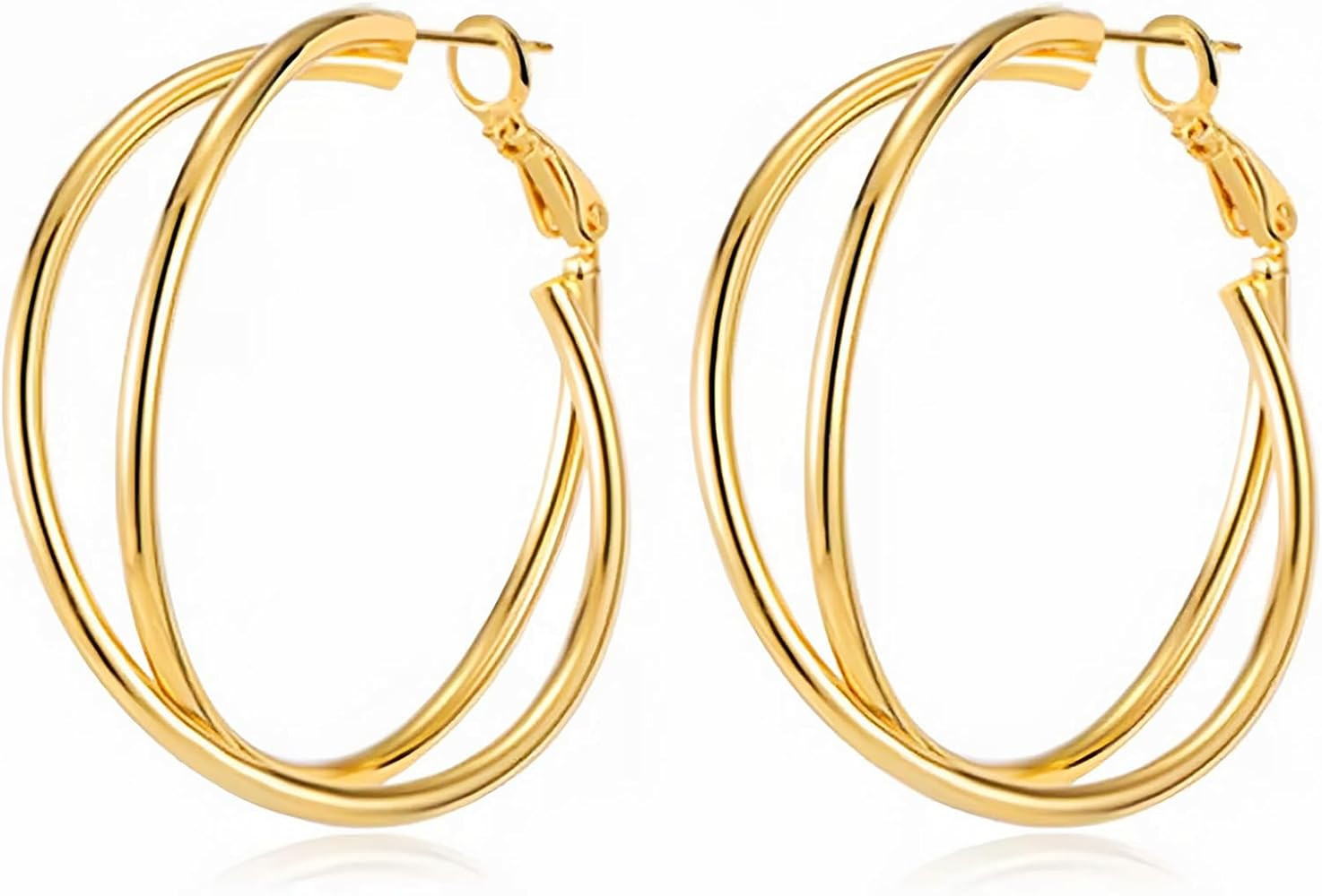 18K Gold Plated Crossover Double Hoop Earrings, 40mm Big Hoops | Amazon (US)