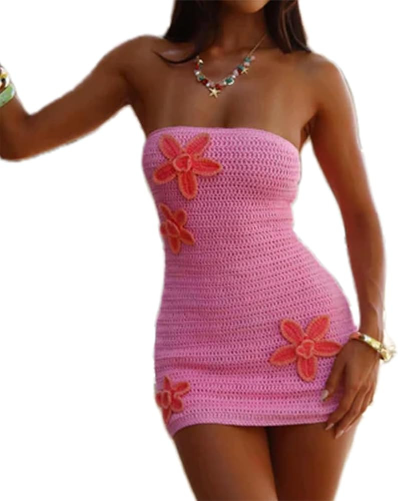 Women Backless Halter Mini Dress Casual Summer Knit Crochet Cutout Tie Back Bodycon Party Dress B... | Amazon (US)
