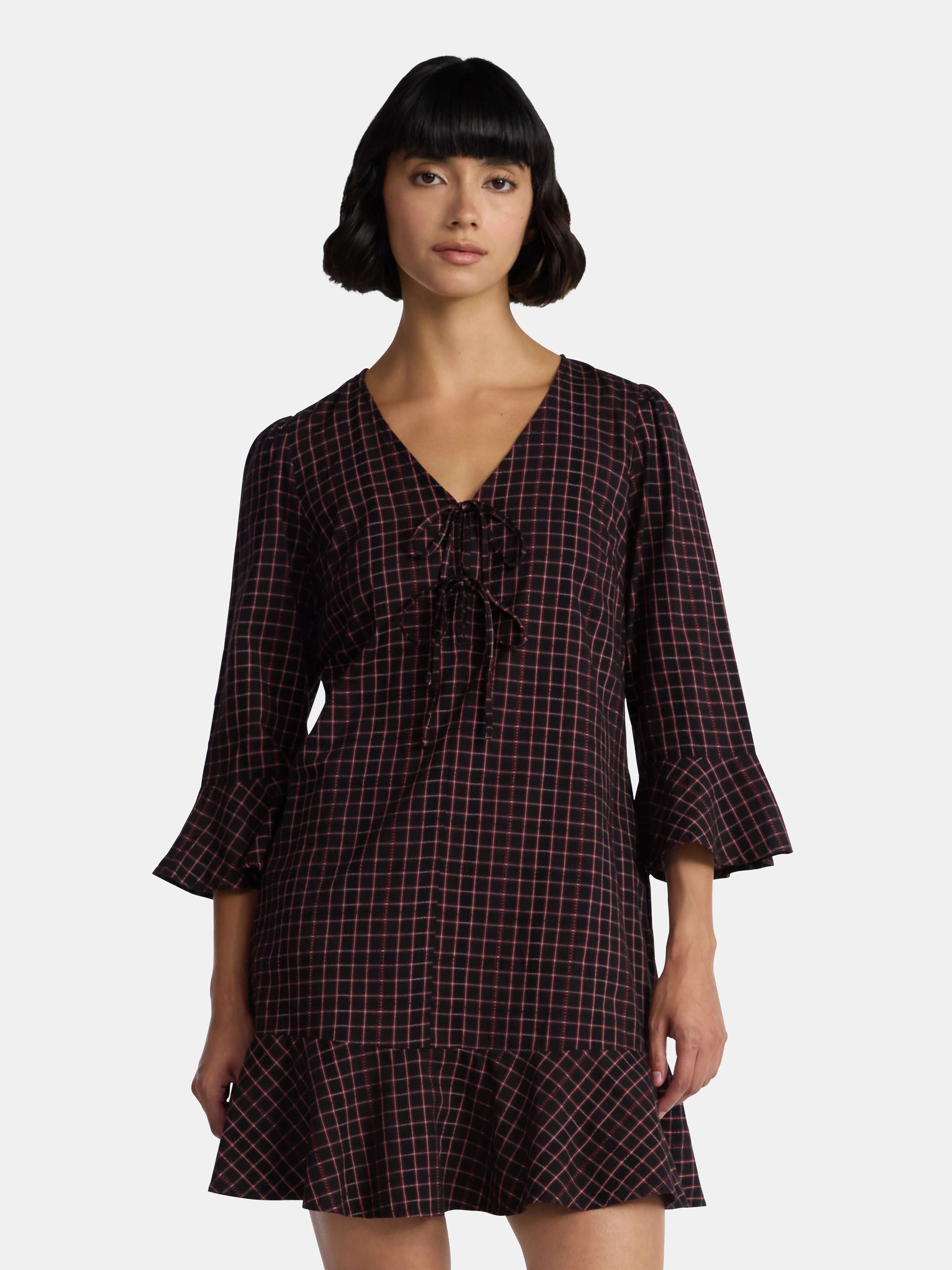 Time and Tru Women's Plaid Tie Front Mini Dress, Sizes XS-XXXL | Walmart (US)