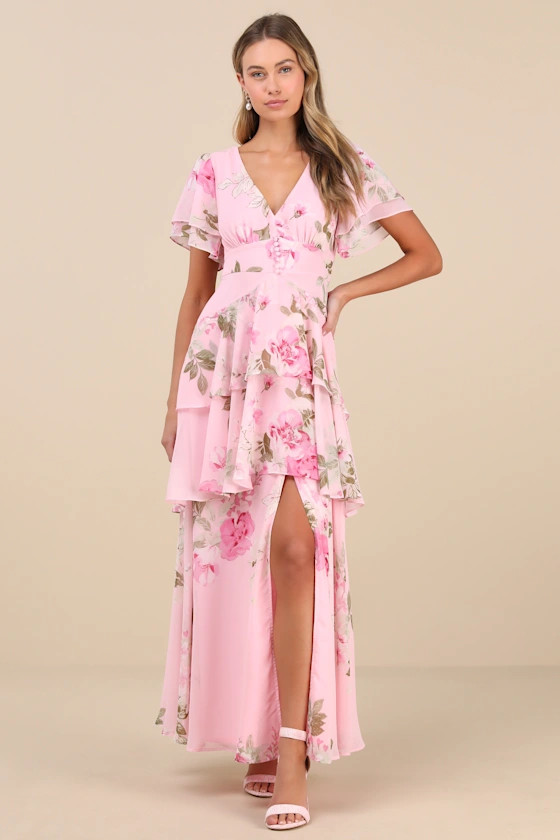 Midnight Mood Pink Floral Print Tiered Maxi Dress | Lulus