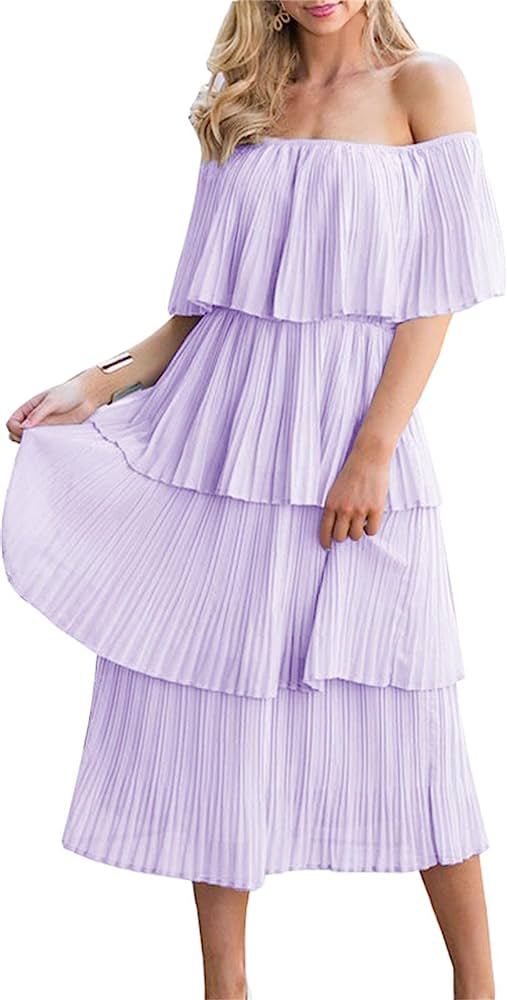 Women's Off The Shoulder Ruffles Summer Loose Casual Chiffon Long Party Beach Maxi Dress … | Amazon (US)