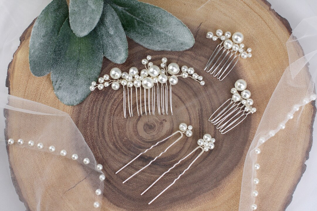 Pearl Bridal Hair Combs and Hair Pins Set. Silver Wedding Hair Combs and Hair Pins. Pearl Hair Ac... | Etsy (US)