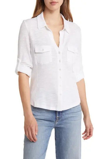 Caslon® Roll Tab Knit Shirt in White at Nordstrom Rack, Size Xx-Small | Nordstrom Rack