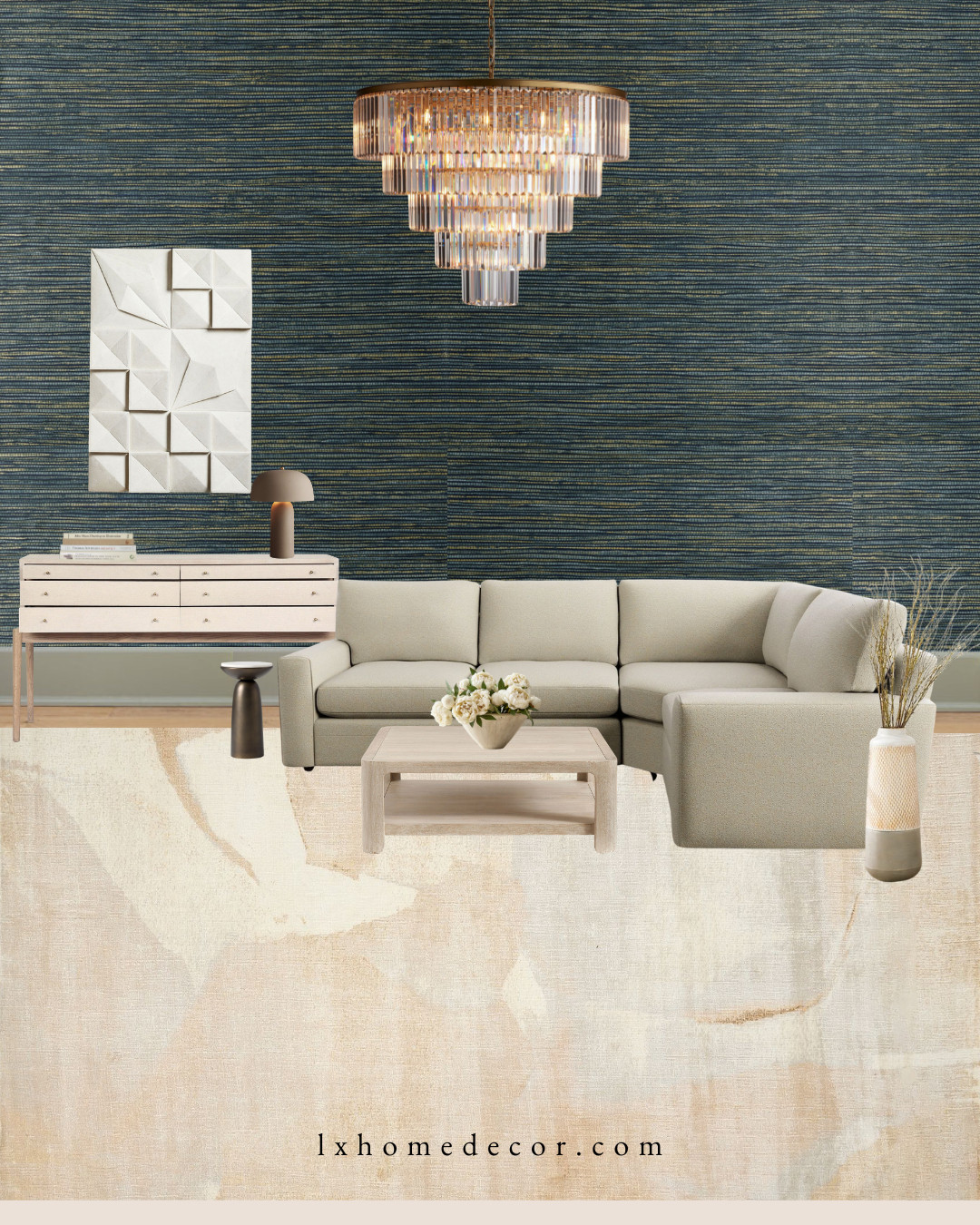 Deep teal walls meet creamy neutrals in this high-end living room edit. The tiered crystal chandelier adds a touch of glam to the clean-lined sectional and light oak coffee table. It's a sophisticated, curated look that feels both moody and bright. Shop the pieces below.

#LTKhome #LivingRoomInspo #ModernDesign #InteriorStyle 

 #LTKSpringSale #LTKHome #LTKSaleAlert