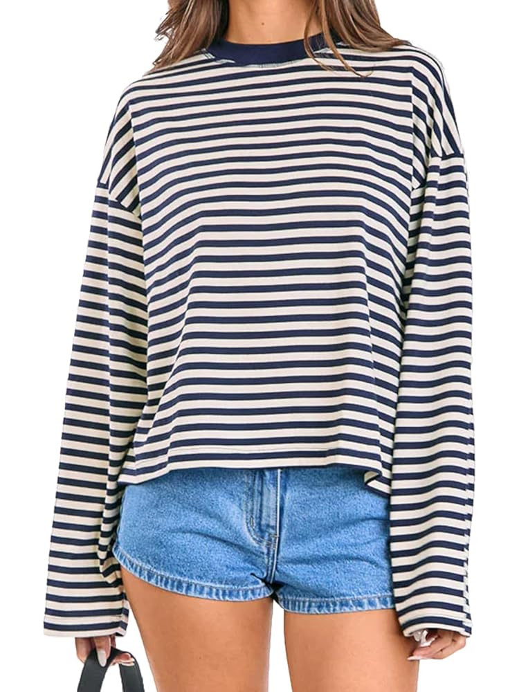 Striped Long Sleeve Shirt Women Oversized Sweatshirt Crewneck Pullover Y2K Tops | Amazon (US)