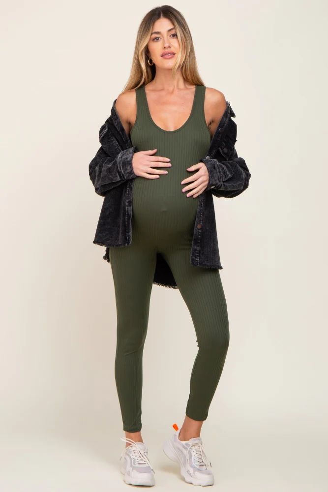 Olive Ribbed Bodycon Maternity Jumpsuit | PinkBlush Maternity