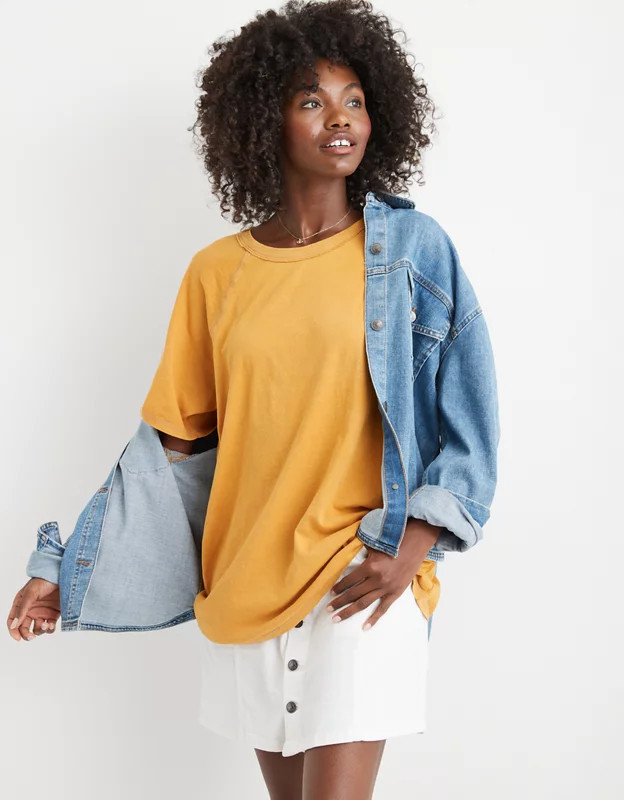 Aerie Distressed Raglan Boyfriend T-Shirt | American Eagle Outfitters (US & CA)