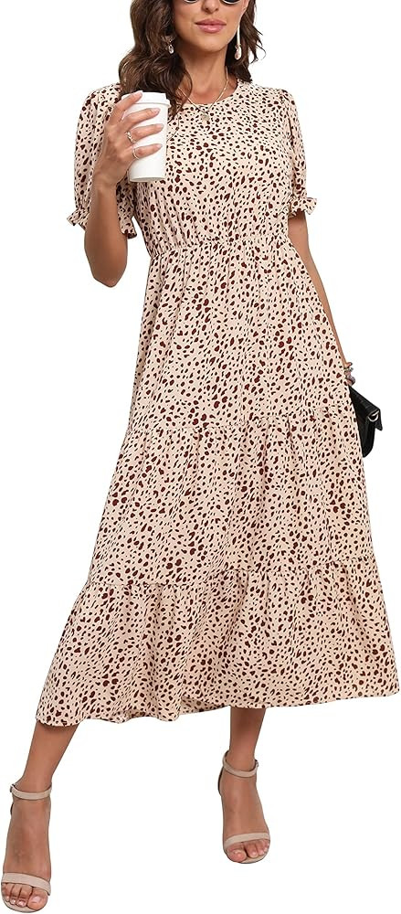 GRECERELLE Women's 2024 Spring Summer Casual Loose Crewneck Boho Dress Ruffle Puff Sleeve High Wa... | Amazon (US)