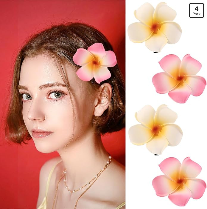 4Pcs Hawaiian Flower Hair Clips for Women, White and Pink Plumeria Hair Flower Clips Hibiscus Hai... | Amazon (US)
