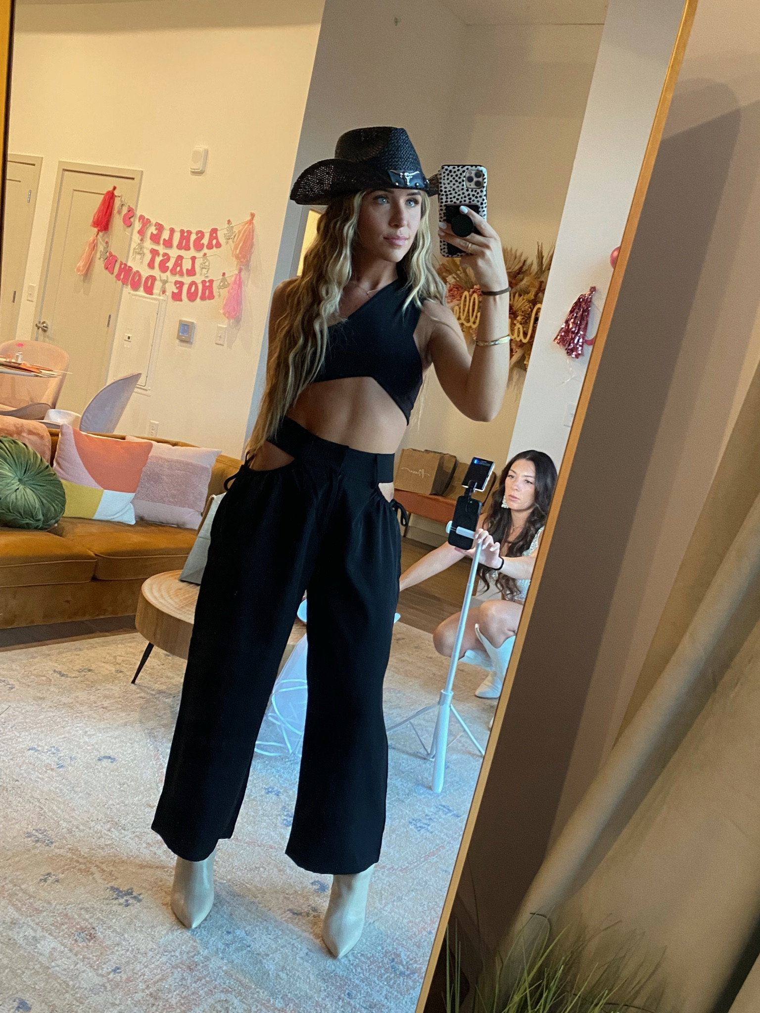 Nashville country outfit for bachelorette 
Top and bottoms XS
I got the bottoms hemmed because I'm 5'2" and they were really long

Country concert outfit, cowboy hat